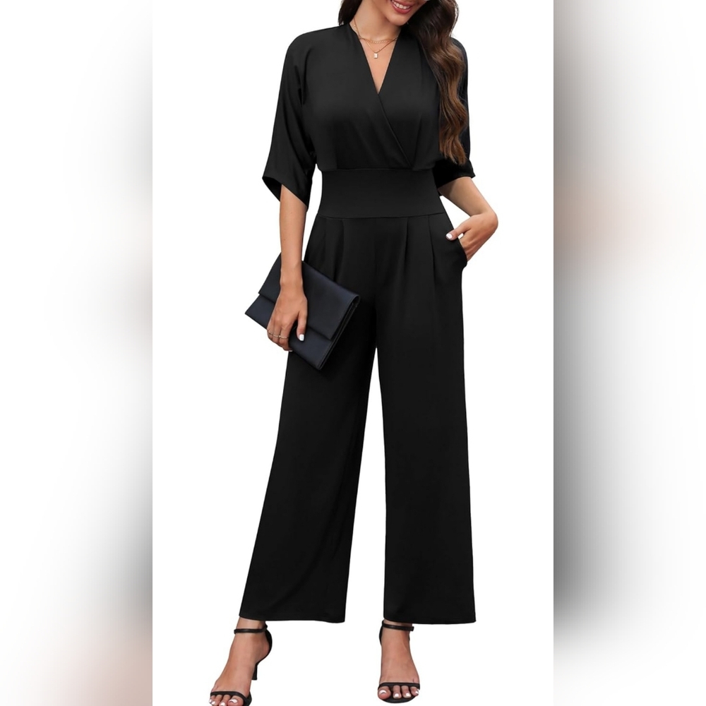 V Neck Jumpsuits for Women Dressy Casual Wide Leg Pants Jumpsuit Bell Sleeve